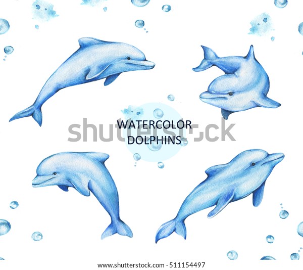 Hand Drawn Watercolor Illustration Dolphins Isolated Stock Illustration