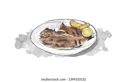 Hand Drawn Watercolor Illustration Fried Fish With Lemon