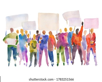 Hand drawn watercolor illustration of a group of people holding placards. Prosperous crowd with banners in their hands.