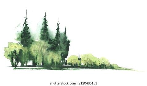 Hand drawn watercolor illustration. group of deciduous coniferous trees. Decorative element. Low green bushes and tall cypress firs. Bottom corner decor. Vignette. Sketch drawing on white background.