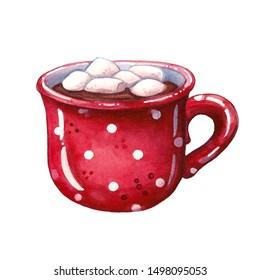 Hand Drawn Watercolor Illustration Of Hot Chocolate With Marshmallow In Red Mug With Polka Dot Pattern Isolated On White - Christmas, Hygge And Winter Holidays