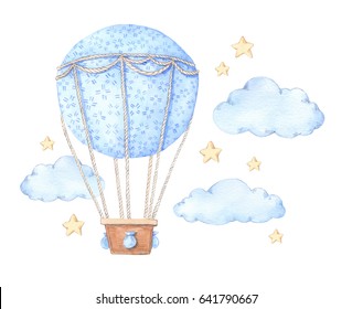 Hand drawn watercolor illustration    hot air balloon in the sky  Perfect for baby prints  posters  invitations etc