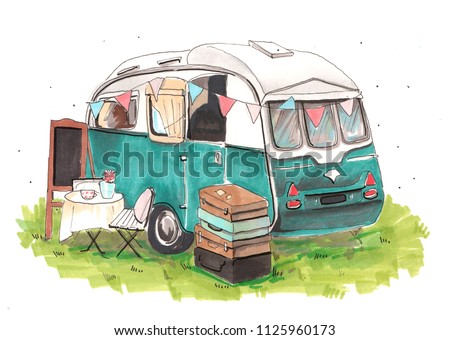 Hand drawn watercolor illustration. House on wheels. Hipster watercolor camper retro van or vintage trailer.