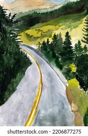 Hand Drawn Watercolor Illustration Long Road. Colorful Background For Fabric, Wallpaper, Gift Wrapping Paper, Scrapbooking. Design For Children.