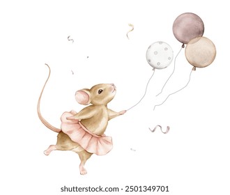 Hand drawn watercolor illustration mouse ballerina in a pink tutu and brown balloon. Beige cute animals dancing ballet pose and flying confetti. Isolated illustration for kids card Happy Birthday - Powered by Shutterstock