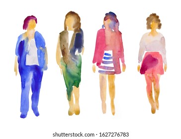 Hand drawn watercolor illustration of People. Silhouettes of four women