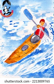 Hand Drawn Watercolor Illustration Rafting On A Kayak On White Background. Colorful Background For Fabric, Wallpaper, Gift Wrapping Paper, Scrapbooking. Design For Children.