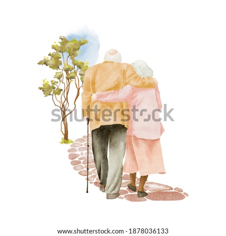 Hand drawn watercolor illustration of seniors couple in love