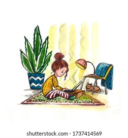 Hand drawn watercolor illustration showing a girl working from home. Activity while stay at home. Cartoon flat style. Cosy room, cute character, woman's lifestyle. - Powered by Shutterstock