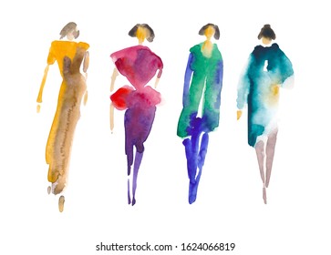Hand drawn watercolor illustration. Silhouettes of four women. People shaped watercolor stains