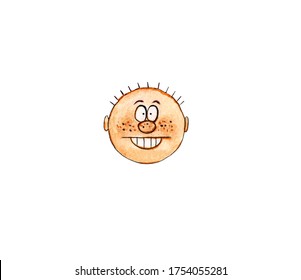 Hand Drawn Watercolor Illustration Of Simple Cartoon Face With Freckles. Funny Weird Face Sketch. Facial Expression. Smiling Boy With Big Teeth And Strange Haircut