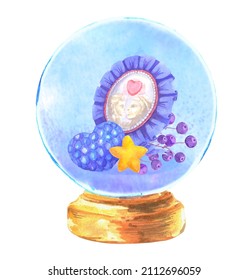 Hand Drawn Watercolor Illustration Of Snow Globe - Valentine Magic Ball, Isolated On White Background With Brooch, Heart, Star And Berries Inside. Clip-art For Design Of Postcards, Decor, Invitations.