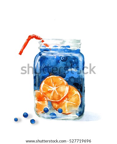 Hand drawn watercolor illustration of summer fresh cocktail with orange and blueberry. Isolated on the white background.
