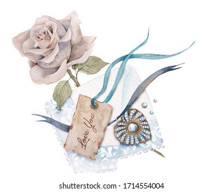 Hand Drawn Watercolor Illustration Of Vintage Handkerchief, Pendant And Floral Elements. Retro Composition, Romantic Age