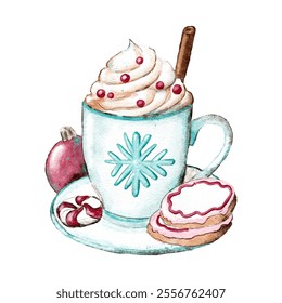 Hand drawn watercolor illustration of whipped cream coffee cappuccino drink beverage. Coffee cappuccino menu Christmas winter cafe, tasty sweet beige brown seasonal art, holiday organic cream white - Powered by Shutterstock