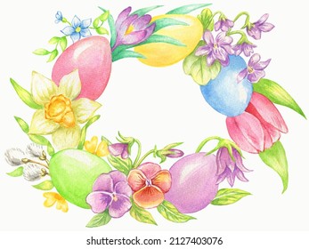 Hand drawn watercolor illustration.Easter wreath.Easter elements.Eggs and spring flowers.For your design.