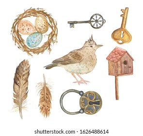 Hand Drawn Watercolor Illustration/Spring Or Easter Elements/lark,nest With Eggs,feathers,birdhouse,rusty Lock And Keys