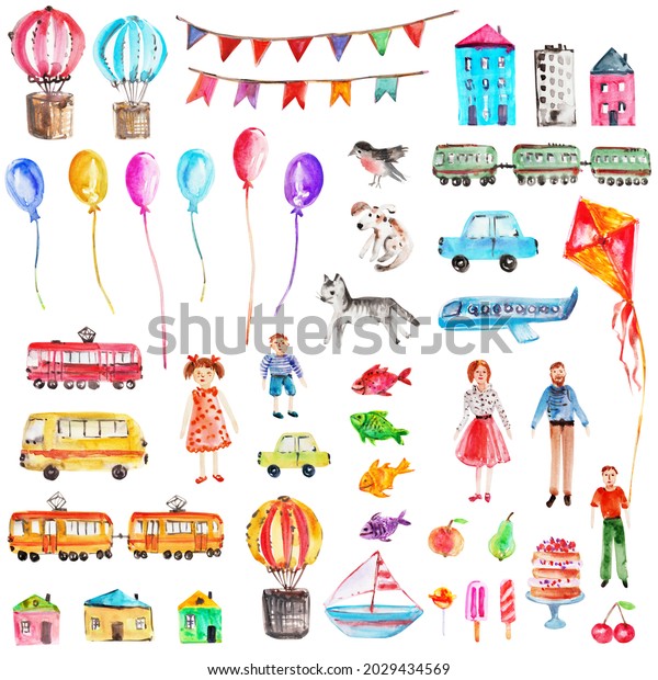 Hand drawn\
watercolor kids drawing set. Family, kids, pets, bus, train, tram,\
boat, plain, house, building, hot air balloon, boat, fish, dessert,\
cake, popsicle, fruit, ice cream,\
car