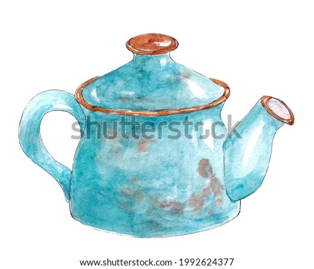 Hand drawn watercolor kitchen utensils. Blue teapot