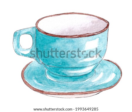 Hand drawn watercolor kitchen utensils. Blue cup