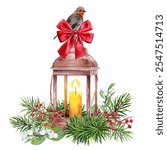 Hand drawn watercolor Lantern and Fir branch with cones. Candle light. Spruce paws and robin birdie. Christmas decoration with Christmas tree branch, Clip art for Christmas decoration