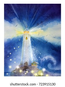 Hand Drawn Watercolor Lighthouse.  Illustration For Card, Postcard, Poster, Banner. Starry Night And Milky Way, A Storm At Sea. Fabulous, Magical, Fantasy, Children's Illustration, Light, Lamp.