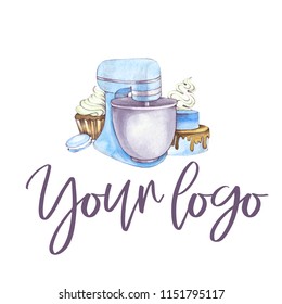 Hand Drawn Watercolor Logo With Mixer On White Background.