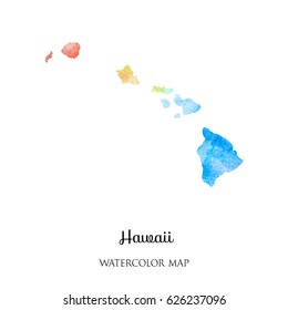 Hand Drawn Watercolor Map Of Hawaii Isolated On White.