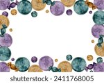 Hand drawn watercolor Mardi Gras carnival symbols. Rex coin doubloon throw, fleur de lis, glass beads bonbons. Horizontal frame isolated on white background. Design for party invitation, print, shop