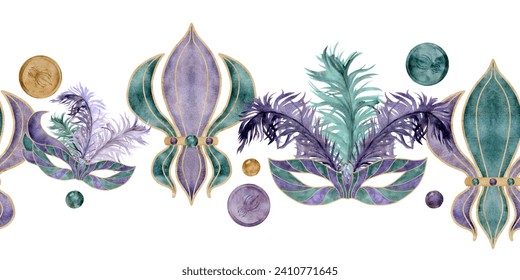 Hand drawn watercolor Mardi Gras carnival symbols. Theater masquerade mask feathers, fleur de lis French lily iris beads. Seamless banner isolated on white background. Party invitation, print, shop - Powered by Shutterstock