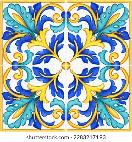 Hand drawn watercolor mediterranean sicilian traditional tiles