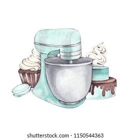 Hand Drawn Watercolor Mint Mixer With Chocolate On White Background