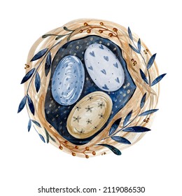 Hand Drawn Watercolor Nest With Eggs