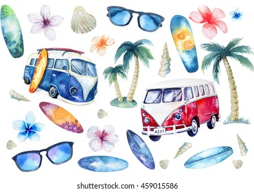 Hand drawn watercolor ocean surfing set. Beach holiday tropical travel adventure. Island with palm, retro car, wagon, bus, surfboard, sunglasse, shell, flower hibiscus. Watercolour sea sport activity. - Powered by Shutterstock