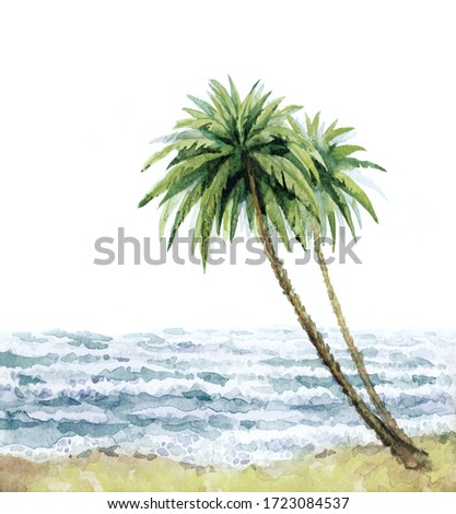 Hand drawn watercolor paint backdrop artwork sketch text space. Green coconut bright sun yellow sandy wild blue river surf tide view. Abstract artist light white cloudy exotic tropic resort day scene