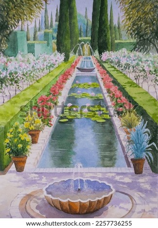 hand drawn watercolor painting of Alhambra garden. landscape painting with pond, water lilies, fountain, water reflection, flowers, plants, cypress trees, hedgerows and sunny day