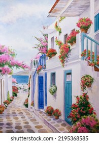 Hand Drawn Watercolor Painting Of Alley In Greek Island. Landscape Painting With Buildings, House, White Wall, Blue Doors, Windows, Stair,flowers,bougainvillea,stone Walkway,island,sea And Bright Sky