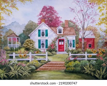 Hand Drawn Watercolor Painting Of Autumn Cottage Scenery Painting. Landscape Painting With White Building, Red Barn,house, Trees, Garden,grass,plants,fence,gazebo, Flowers And Sunny Blue Sky For Print