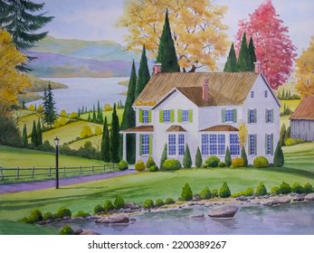 Hand Drawn Watercolor Painting Of Autumn Countryside Scenery. Landscape Painting With White Building, House,grass, Trees, Lake, Front Yard Garden, Pond, Fall Leaves Color And Sunny Sky For Print, Etc