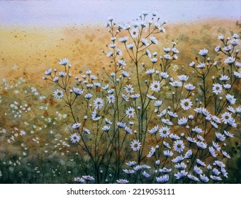 hand drawn watercolor painting of autumn wildflowers. landscape painting with little flowers, white petals, stem, buds, meadow, bushes and sunlight  - Powered by Shutterstock