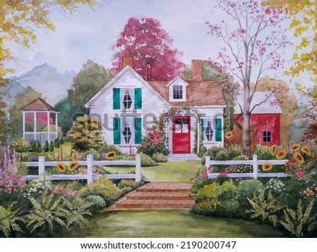 hand drawn watercolor painting of autumn cottage scenery painting. landscape painting with white building, red barn,house, trees, garden,grass,plants,fence,gazebo, flowers and sunny blue sky for print