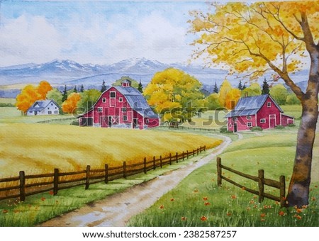 hand drawn watercolor painting of autumn farm scenery. Landscape painting with wheat fields, meadow, grassland, paths, farm house, red barn, yellow oak trees, woods, mountains and clouds blue sky