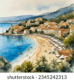 hand drawn watercolor painting of beautiful French Riviera. landscape painting with blue sea, beach, people sunbathing, coastal village, buildings, trees, island, beautiful shoreline and bright sky 