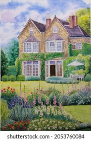 Hand Drawn Watercolor Painting Of Beautiful English Garden. Architectural Painting With Building,house, Front Yard,garden, Trees, Flowers,grass, Umbrella,cloudy Sky For Illustration, Print, Background