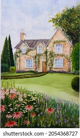 hand drawn watercolor painting of beautiful cottage. landscape painting with building,house, flowers, garden,grass,trees,and bright sky for illustration, print, background, etc