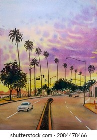 Hand Drawn Watercolor Painting Of Beautiful Sunset In Los Angeles. Landscape Painting With City Street,car, Palm Trees, Colorful Clouds, And Beautiful Sunset Sky For Illustration,background, Print,etc