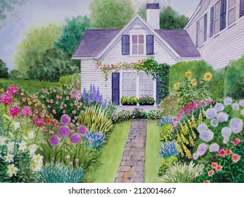 hand drawn watercolor painting of beautiful summer home. landscape painting with wooden white house, trees,grass, sunflower, hydrangea,lily,rose,and various flower gardens for illustration, print, etc