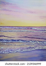 hand drawn watercolor painting of beautiful sunset beach. landscape painting with colorful sky, ocean, seascape, violet beach, waves, water, reflection, sand, sunlight and romantic vibes for print,etc