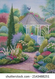 Hand Drawn Watercolor Painting Of Beautiful Garden. Landscape Painting With Gazebo, Colorful Flowers, Trees, Flower Bed Design, Grass,various Plants, Bright Sunny Day And Spring Summer Vibes For Print