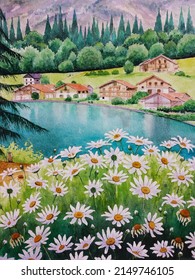 hand drawn watercolor painting of beautiful village scenery in the Alps. landscape painting with closeup blooming daisies, blue lake, buildings, house, grass field, trees and mountain slope for print